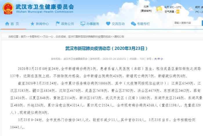 通报截图  武汉通报新增1例确诊病例:系医生 不排除院内感染